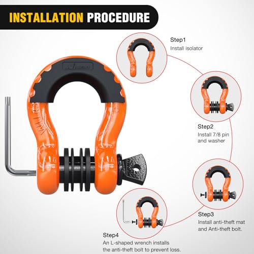 Image of Nilight 3 /4 inch D Ring Shackle 2 Pack 19T (41,887 lbs) Break Strength 4.75T WLL Heavy Duty Towing Hook with Anti-Theft System Anti-Rattle Isolators for Truck Jeep SUV ATV UTV Recovery Orange