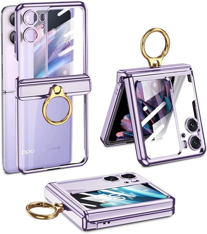 Compatible with OPPO Find N2 Flip 5G, Hinge Magnetic Coverage Ring Holder Clear All-inclusive Kickstand Case with Small Screen Glass for OPPO Find N2 Flip 5G (Purple)
