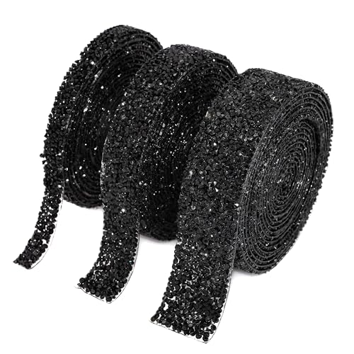 Locacrystal Bling Crystal Resin Rhinestone Diamond Ribbon,Self-Adhesive Iron-on DIY Glitter Gem Stickers for Crafts Cars Clothing Decoration 1+2+3cm 3yard Black