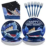 96Pcs Nautical Themed Party Supplies Ocean Navy Paper Plate and Napkins Tableware Sets Cruise Ship Classic Movie Decorations for Boys Men Baby Shower Anchor Beach Birthday Party, Serve 24