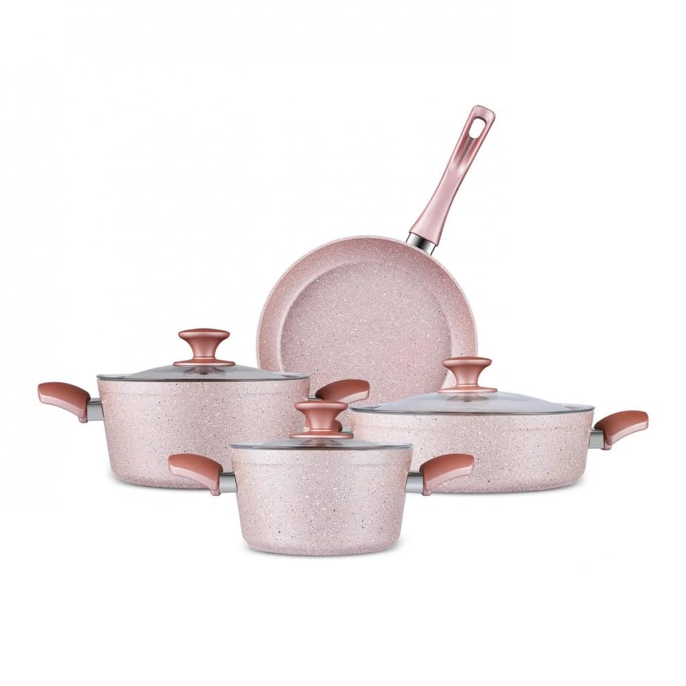 Karaca Bio Granit Töpfe und Pfannen Set, Antihaft-Kochgeschirr Set mit Glasdeckeln, 7-teilig, Kratzfest, spülmaschinengeeignet, Küchen-Kochutensilien, Induktion Roségold Topfset