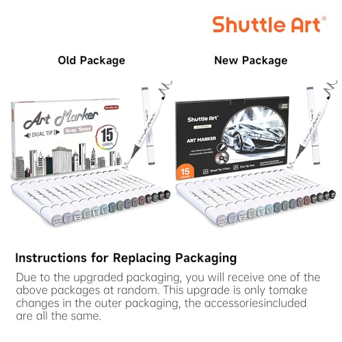 Shuttle Art 15 Colors Grey Tones Dual Tip Art Marker, Alcohol Based Marker Pens Double Ended with Fine and Chisel Point Tips Perfect for Drawing,Shading,Sketching,Designing,Outlining,Illustrating