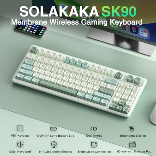 Image of CORBOBO SOLAKAKA SK90-75% Wireless Keyboard, Cute Creamy Gaming Keyboard with Number Pad, Tri-Mode BT5.0 /2.4G /USB-C, Media Knob, RGB Backlit, Quiet Keys Silent Office Keyboards for PC MAC