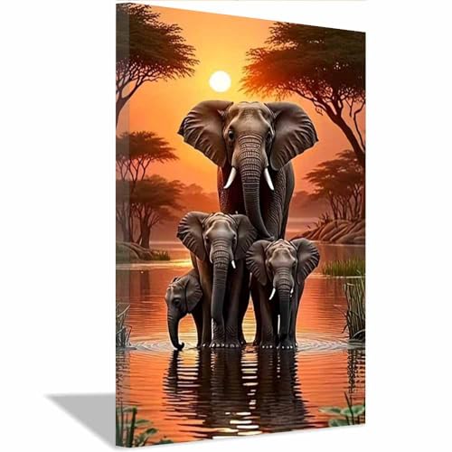 Tableau éléphants coucher de soleil orange 80x120cm sans cadre pour salon