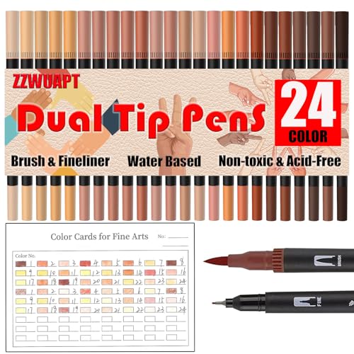 ZZWUAPT Skin Tone Double Tip Brush Pens Art Markers 24 Colored Artist Fine Brush Pen Coloring Markers for Adult Drawing Art Craft Kit