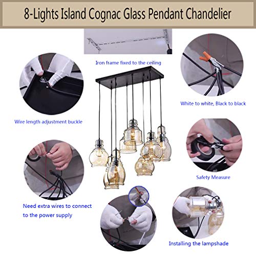 FM-24 Vintage 8-Lights Island Cognac Glass Cluster Pendant Chandelier Antique Black Finish Glass Ceiling Lights for Dining Room, Cafe, Bar - Thumbnail 7
