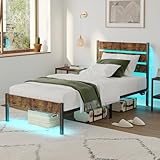 PUNICE Marco de cama de tamaño individual con estación de carga, marrón rústico