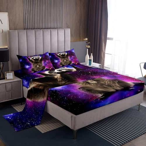 Erosebridal Raccoon Bed Sheets Galaxy Sheet Set Full Size,Boys Starry Sky Fitted Sheet for Child Teens Youth Man,Ferret Flat Sheet Wild Animal Bedroom Decor Blue Purple