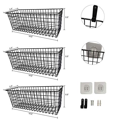 Wall Mounted Metal Wire Basket, Hanging Storage Basket Organizer For Organization And Storage In Kitchen Pantry Bathroom Bedroom Entryway Laundry Room Office Garage, Fruit Basket Set Of 3, Black #TOP6
