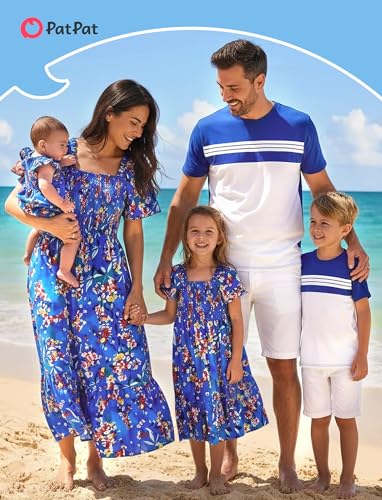 Image of PATPAT Family Matching Outfits Mommy and Me Dresses Floral Dress & T-Shirts | Mommy and Me Easter Dresses, Puff Sleeve Floral Sundress, Cotton Blend T-shirts, Couples Party Wedding Vacation Outfits
