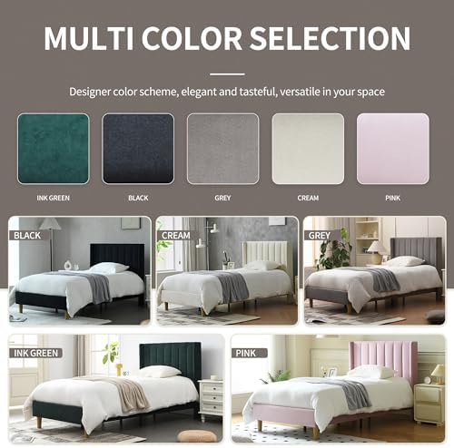 YUHUASHI upholstered Platform Bed Frame/Twin Bed Frame/Modern Geometric Double-Wing Design headboard/Velvet Fabric/Easy to Assemble no Noise(Cream, Twin) — view 7