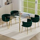 HAIZAO Modern Gold Glass Dining Table Set for 4, 51'' Clear Glass Top Rectangular Dinner Room Table Set, 5 PCS Small Luxury Kitchen Table Set, Green Woven Chair for Home Living Room Apartment