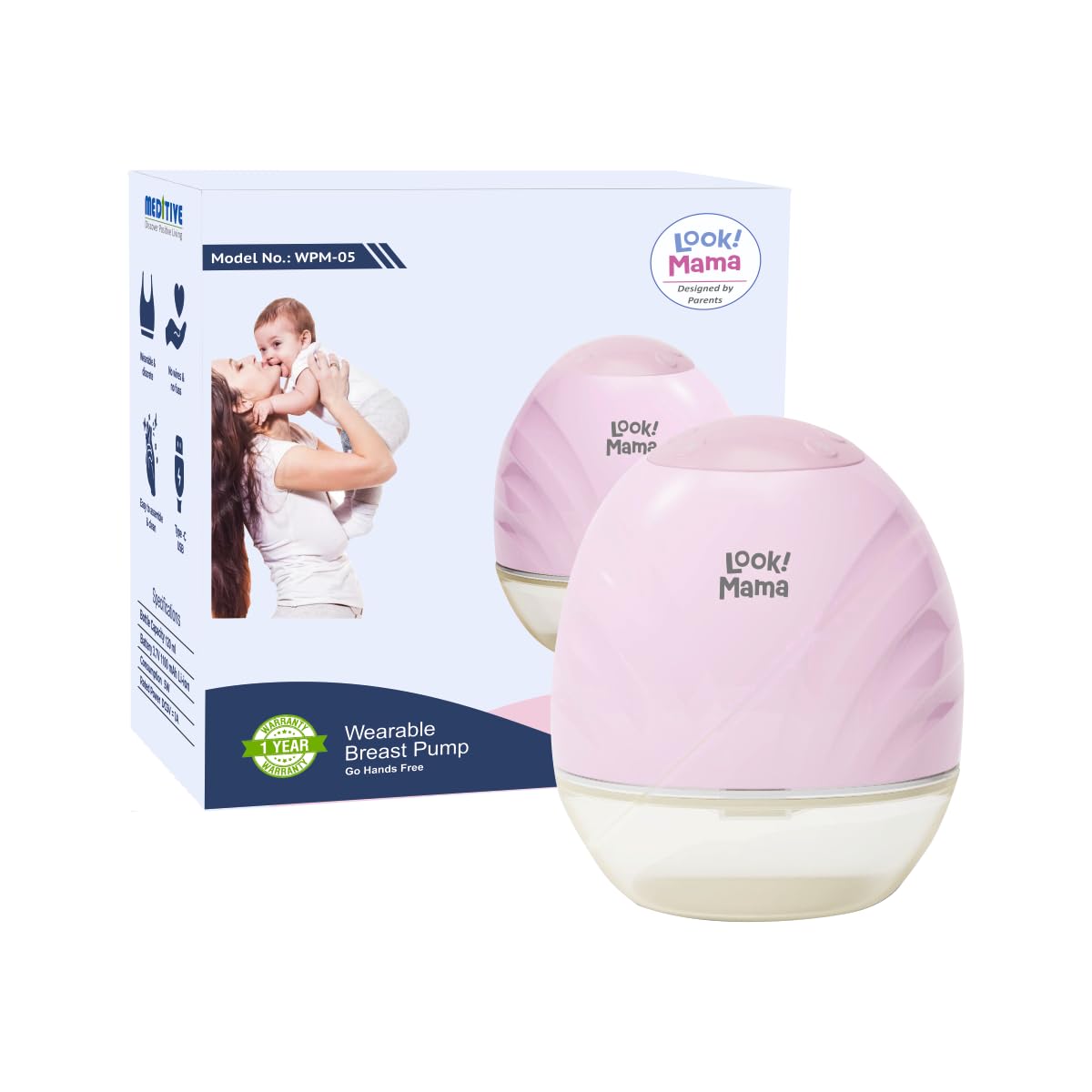Look Mama Wearable Electric Breast Pump for Breastfeeding – Hands-Free, 3 Pumping Modes, 5 Flange Sizes, Electric Milk Pump for Feeding Mothers, 120ml milk tank, Type-C Fast Charging, Comfortable & Efficient Pumping Machine