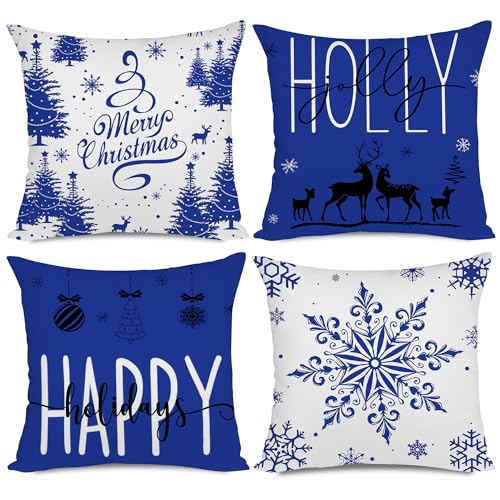 Miaikoe Fundas de cojín de Navidad azules 50 x 50 cm, juego de 4 decoraciones navideñas, vacaciones felices, Holly Jolly, copo de nieve, decoración de Navidad, funda de almohada para sofá o sofá