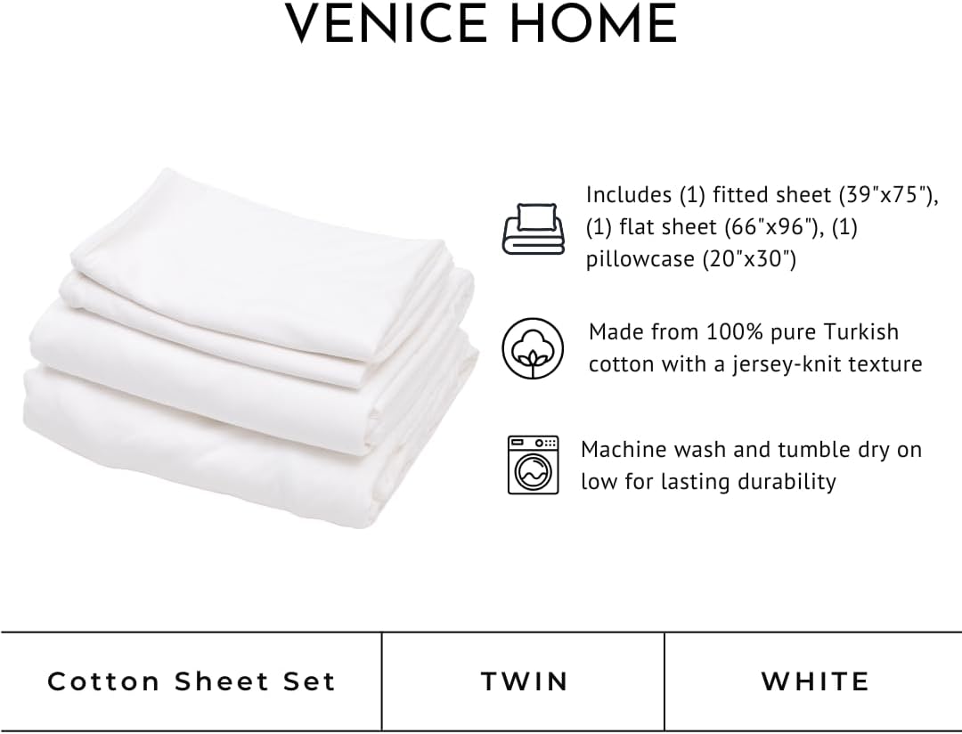 100% Cotton Bed Sheet Set with Deep Pocket - T-Shirt Fabric Jersey Knit - Extra Soft - Easy Fit - 3 Piece Set with Pillowcase - All Season - Comfy – 3 pcs (White, Twin)