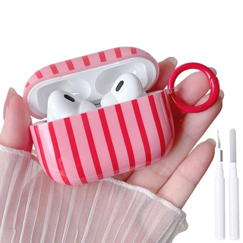 Image of MINSCOSE for AirPods Pro 2nd /1st Generation Clear Case,Cute Striped Aesthetic Pattern Design with Girly Keychain Ring,Soft TPU Protective Shockproof Cover with Cleaner Kit for Girls Women-Dark Pink