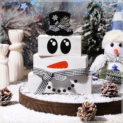 Image of Moucuny 4 Pcs Winter Table Decoration Wooden Snowman Decor Black and White Winter Tiered Tray Decor Rustic Snowman Face Wood Block Sign Gift Christmas Centerpiece Farmhouse for Wonderland Home