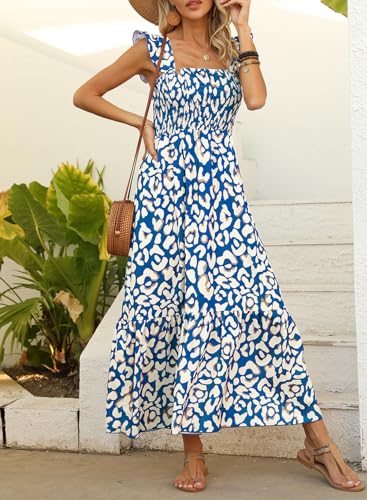 Image of LOLONG Maxi Dress for Women Summer Boho Spaghetti Strap Square Neck Ruffle Beach Sun Dress