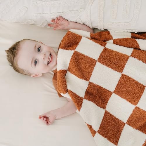 Image of Mebie Baby Rust Checkered Plush Lovey Blanket 15x20 - Soft, Lightweight, Breathable | Available in Two Sizes