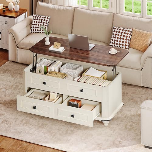 DWVO Lift Top Coffee Table with Storage, Farmhouse Wood Central Table w/Large Hidden Compartment, 2 Storage Drawers, Lift Tabletop Dining Table for Living Room, Reception Room, Rustic White