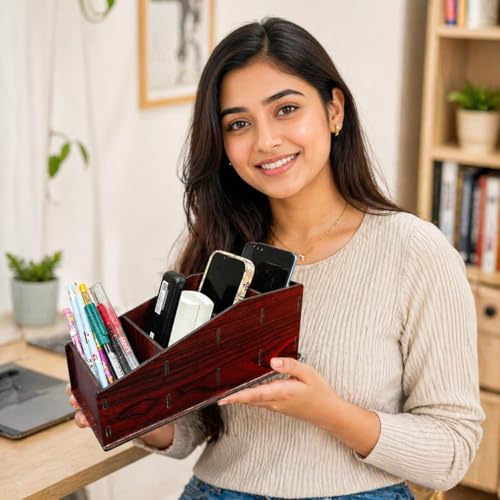 Image of Zesta Wooden Desk Organizer Pen Stand Remote Holder Card Slot | Table Accessory Office Desk Study Room | Pencil Storage Stand Stylish Workspace Decor (Multi-Holder Big)