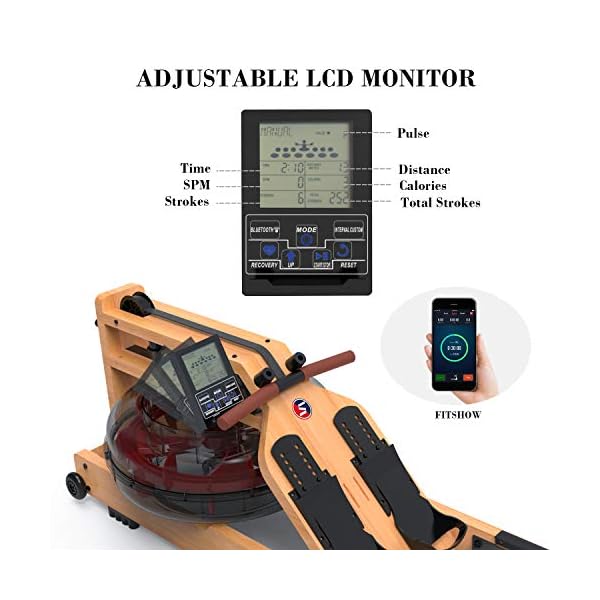 RW8 Plus Foldable Wood Water Rowing Machine with APP, Rowing Machine Water Resistance for Home Use with LCD Monitor, Wood Indoor Rower, Soft Seat