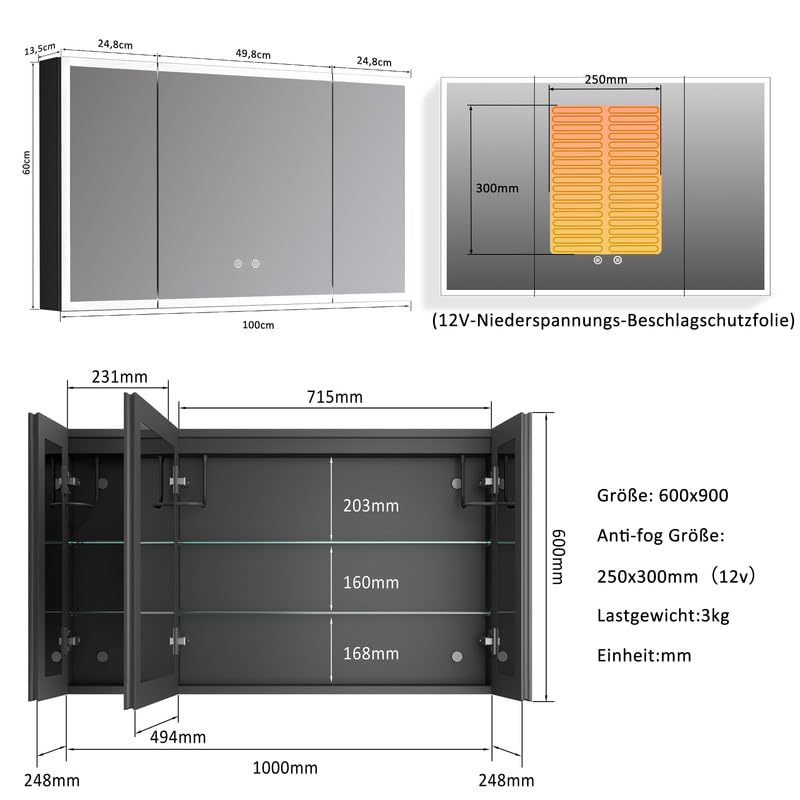 Spiegelschrank mit Beleuchtung 60x100x13.5cm LED Badezimmerschrank, Medizinschrank Badezimmer Hängeschrank mit Spiegel mit 3-Farben Dimmbar, Beschlagfrei Spiegelschrank