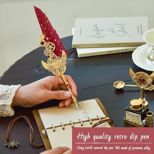 Image of PLUSPOINT Vintage Quill Pen & Ink Set Elegant Writing Luxury Fountain Calligraphy Ink Pen Set with Diary Wax for Stamp Retro Decor Dip Pen Office Stationery Corporate Gifting for Signature,Multicolor