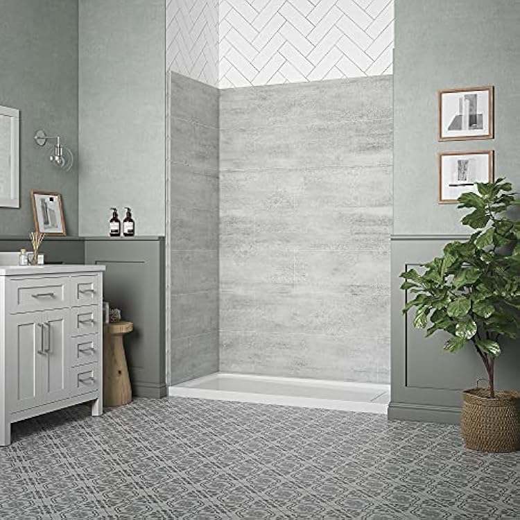 Ove Decors Misty 60 x 32 in. Solid Surface Alcove Shower Wall in Horizontal Grey Tiles
