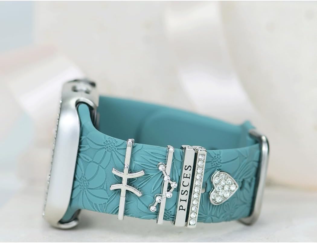 12 Constellations Women Decorative Watch Band Charms for Apple Watch 38mm 40mm 41mm 42mm 44mm 45mm 49mm,Love Heart Slide Ring Loops Silicone Smartwatch Strap Accessories , Diamond Metal Charms Nails Studs for Iwatch Band Charms Series Ultra 8 7 6 5 4 3 2 se，for Samsung Galaxy Fitbit(No Band)