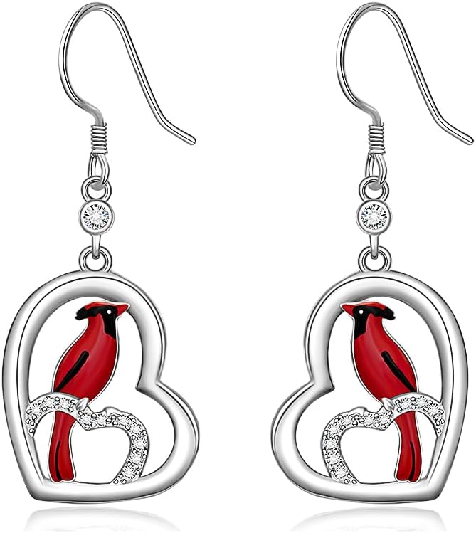 Cardinal Earrings for Women Sterling Silver Heart Cute Huggie Weird Piercing Crystal Cubic Zirconia Post Pin Hooks Dangle Earring Christmas Holiday Gifts