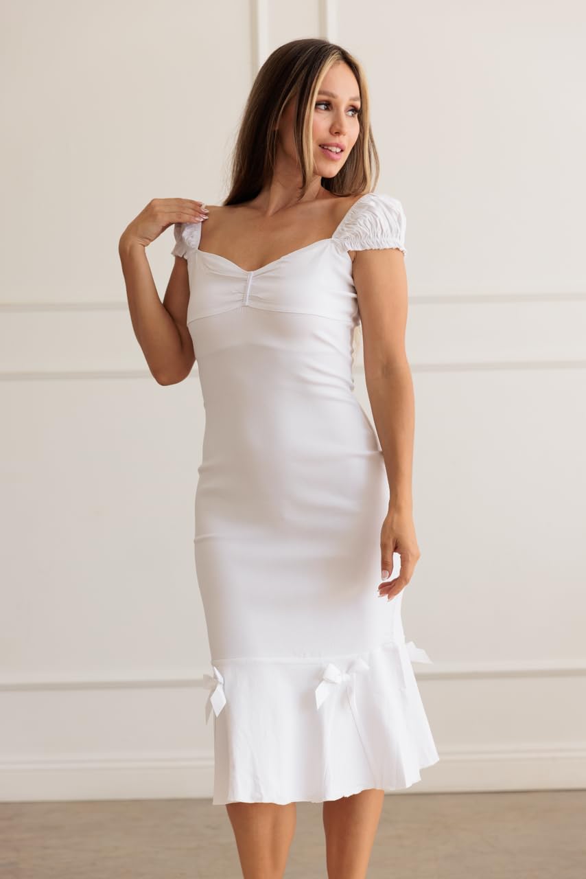 Pin Up Doll Women’s Stretchy Sexy Wiggle Dresses, Wear On Or Off Shoulder, Pinup Retro 1950 Style Cocktail Party Wiggle Dress: Medium White
