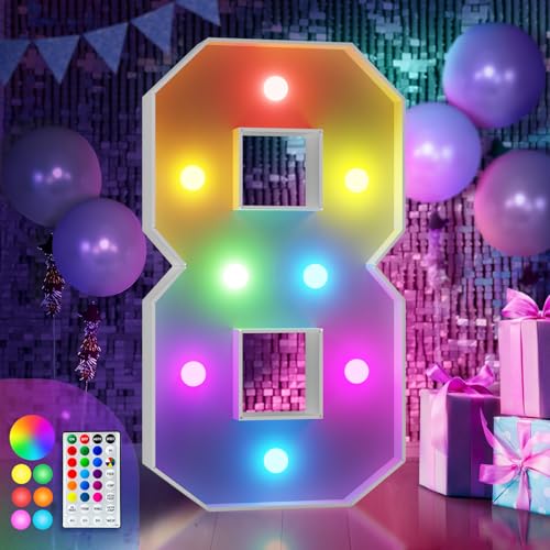 Image of Imprsv Colorful 3FT Marquee Numbers 8, 18 Colors Large Light up Numbers | RGB with Remote, Birthday Party Decorations Anniversary Wedding Decorations Assembly Required 21 Pcs Accessory Set