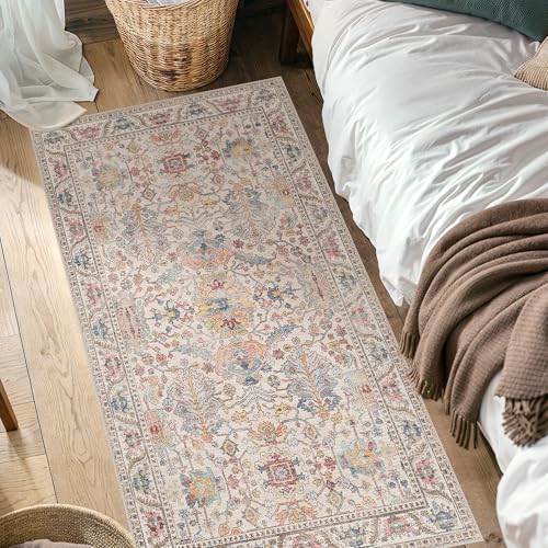 Bavni Area Rug 3x5, Non-Slip Washable Rugs for Living Room Office, Boho Distressed Printed Rug, Low Pile Foldable Decorative Carpet for Bedroom Kitchen Office, Retro Multi