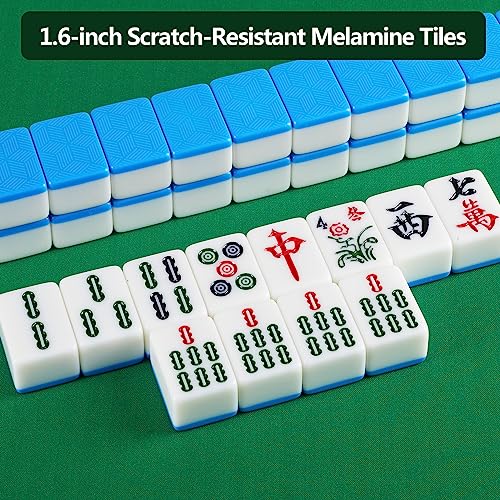 Yiniuren Chinese Mahjong Game Set 1.6" Large 144 Numbered Melamine Tiles/English Instruction, Complete Mah-Jongg Set (Majiang, Maj Jongg, Ma Jong) (Blue, 40Mm) #TOP3