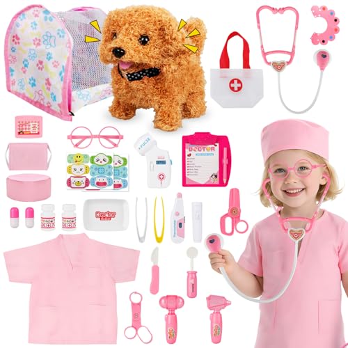 TOSZOLY Mala de brinquedos médicos, mala veterinária brinquedos inclui cão de peluche estetoscópio termómetro, brinquedo de médico para animais de estimação de papel para crianças de 3 4 5 anos