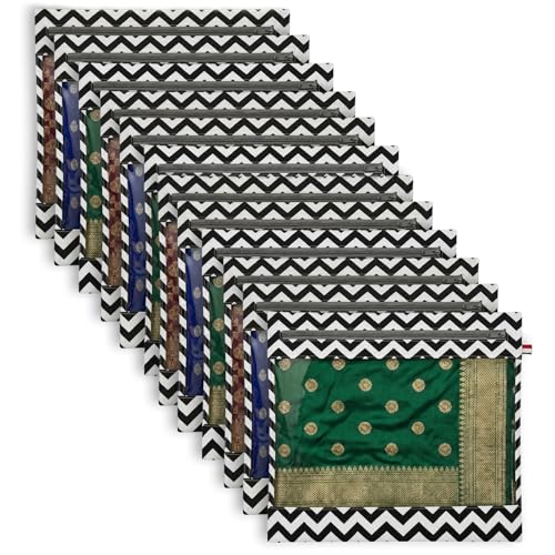 Image of Lukzer Single Non-Woven Zigzag Printed Saree Covers for Storage Set of 12 (16 x 14 Inch) Big Size Bags with Zip Closure & Transparent Window Wardrobe Organizer for Clothes /Lehenga /Dresses SSC-02-12