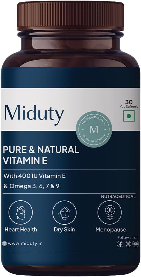 Miduty Vitamin E with Sea Buckthorn Berry Oil | D-Alpha Tocopherol from Natural Sunflower Oil | Omega 3, 6, 7 & 9 | Antioxidant Support for Skin & Heart Health | 30 Veg Softgels