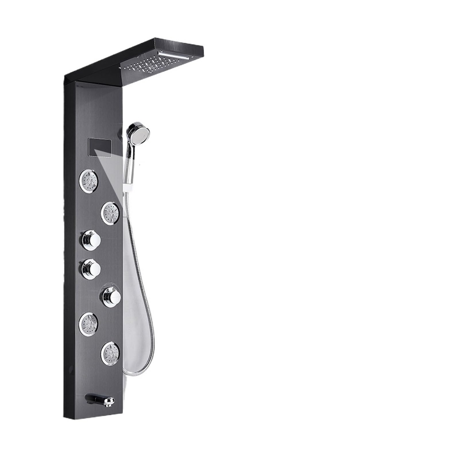Pannello doccia moderno nero con colonna dorata LED rubinetto a cascata set vasca da bagno con bidet spruzzatore sistema doccia completo per bagno (modello 9001)