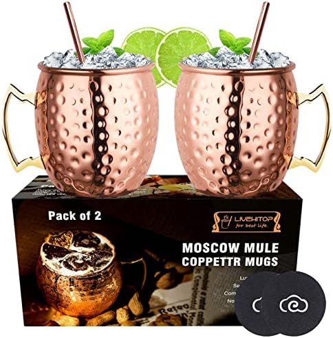 LIVEHITOP Moscow Mule Copper Mugs Set of 2, Copper Cups 19.5 Oz Cocktail Kit with Straw Coaster for Wine, Beer, Cold Drink, Bar, Party, Gifts