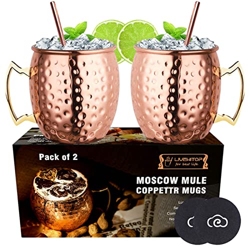 LIVEHITOP Moscow Mule Copper plated Mugs Set of 2, Copper Cups 19.5 Oz Cocktail Kit with Straw Coaster for Wine, Beer, Cold Drink, Bar, Party, Gifts by LIVEHITOP - Used condition - US$17.82