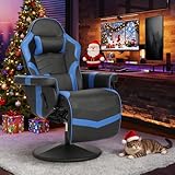 CALIVIA Massage Gaming Recliner Chair with Cup Holder & Side Pockets – Ergonomic PU Leather Video Gaming Chair with Footrest, Manual Recline, Headrest & Lumbar Support for Office or Game Room (Blue)