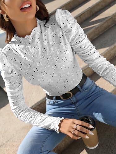 Image of Sugathari Girl's & Women's Spring /Summer Slim Fit High Neck T-Shirt with Stand Collar, Cap Sleeves and Eyelet Embroidery Frill Trim Tee Textured Sheer Fabric (T-Shirts 194 $P)