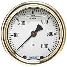 WIKA 9318224 Industrial Pressure Gauge, Liquid-Filled, Copper Alloy Wetted Parts, 2-1/2" Dial, 0-600 psi Range, +/- 2/1/2% Accuracy, 1/4" Male NPT Connection, Center Back Mount