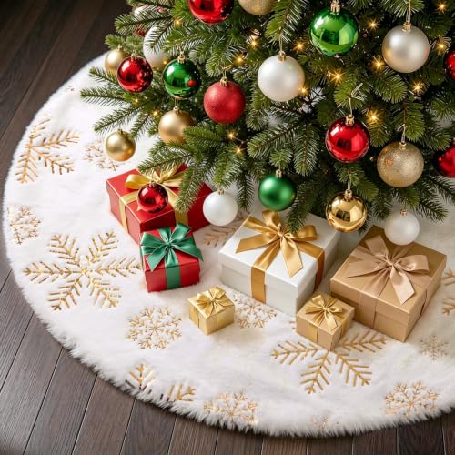 WISELIFE White Plush Faux Fur Christmas Tree Skirt 36", Gold Sequin Snowflake Pattern, Elegant Home Xmas Tree Decorations