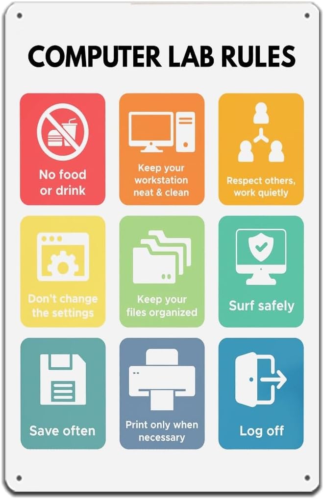 Computer Lab Rules Colorful Poster Metal Sign Aesthetic Modern Wall (Metal Sign,30X40cm(12 * 16in))