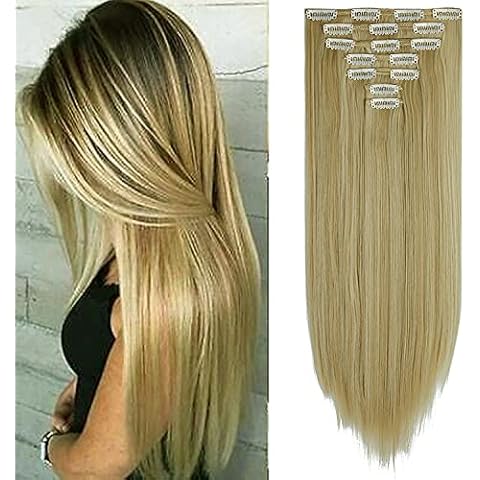 FUTATA 7PCS 16 Clips in Hair Extensions Long Straight Hairpieces Thick Full Head Double Weft Synthetic Hair Extensions for Women, Ash Blonde Mix Bleach Blonde Cover