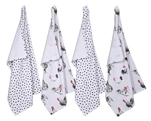 Penguin Home 3513 Juego de 4 paños de Cocina de Rizo, diseño de gallinas Blancas y Negras, 100% algodón, supersuaves, duraderos y absorbentes, Secado rápido, 45 x 70 cm