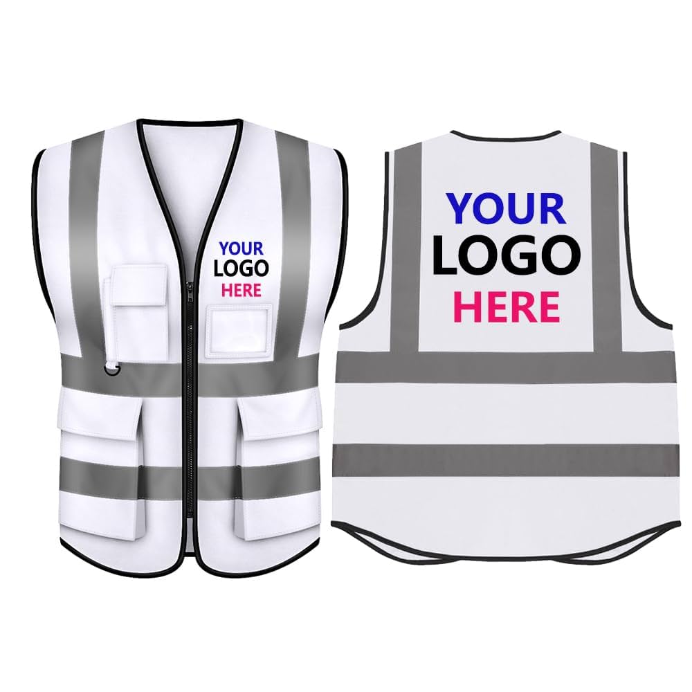 TopTie Custom Add Your Logo White Safety Vest with 5 Pockets