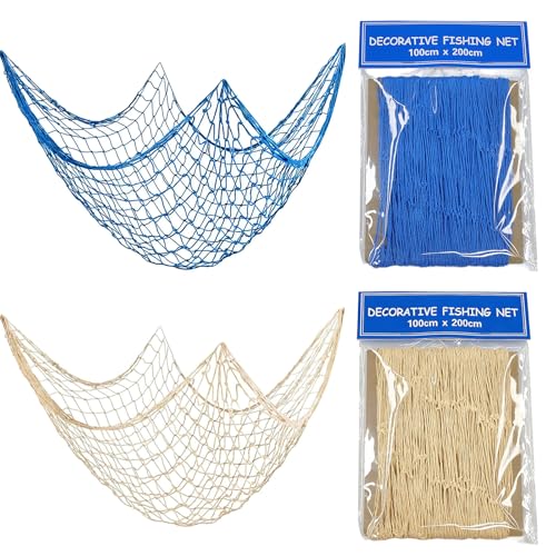 AABDTYYD 2 Pièces Filet de Peche Décoratif Blanc et Bleu, Décoration Murale Salon pour Thème Marin, Décoration Intérieure Maison, Fête Pirate ou Plage,...